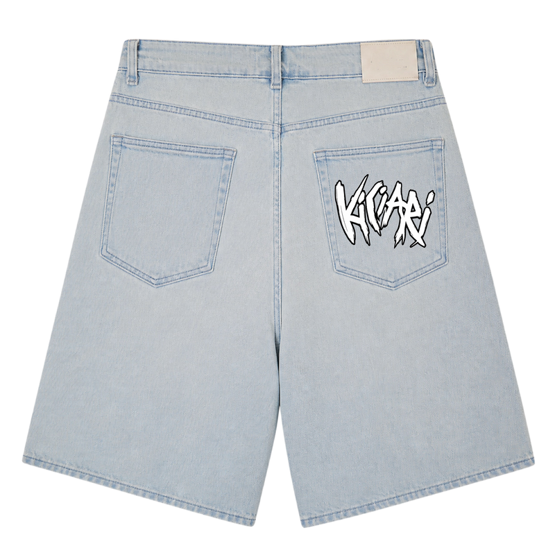 Ki Ciari Painted Denim Shorts in Bleach Light Bleu back