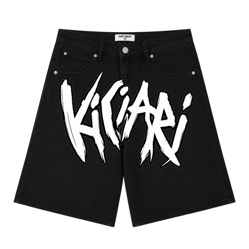 Ki Ciari Painted Denim Shorts in Faded Black